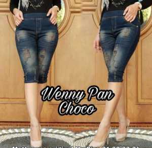 Celana jeans pendek wanita jeans sobek 7/8 legging pinggang karet kolor rip