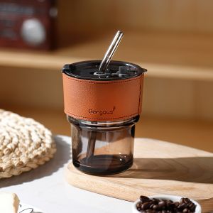 J Cốc Thủy Tinh 400ML Bọc Da Cao Cấp Tặng Kèm Nắp Đậy Và Ống Hút GALIT625
