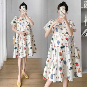ชุดคลุมท้องมีสายผูกหลังแขนสั้น เดรสคนท้องลายน่ารักใส่สบาย เดรสคอกลมลายพิมพ์ผ้าฝ้ายราคาถูกมีราคาส่ง