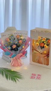 Valentines Day Flower Bouquet Crochet Fabric Woven Flowers Eternal Wedding Home Decor Crochet Bouquet Artificial Fake Flowers