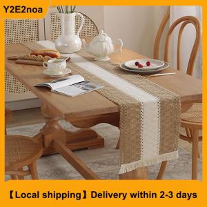 【Local shipping】 Simple And Light Luxury Table Runner Cotton Jute Splicing Bohemian Style Table Runners With Tassels Dining Home Table Decoration