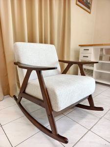 MODA Kyson Mid-century modern rocking chair 16kg with light beige upholstery thick cushion and dark wooden frame Walnut Color 100% Solid Rubberwood