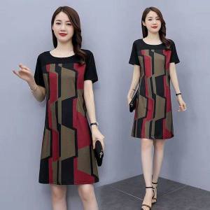 Elegant Women Dresses Short Sleeve O-Neck Casual Loose Patchwork Dress Ladies