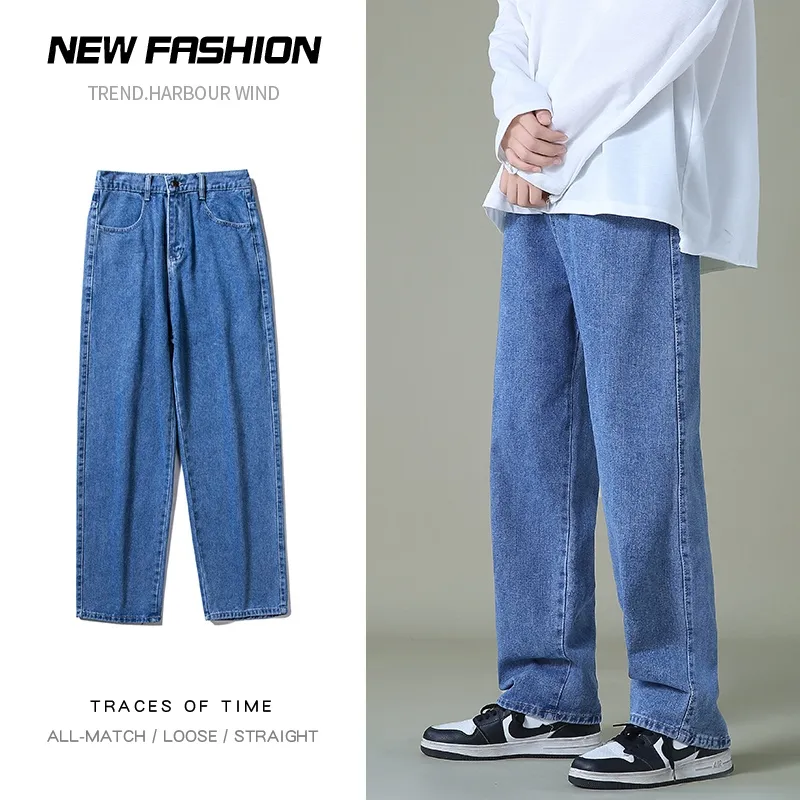 New Men Denim Wide-Leg Pants Korean Style Straight Light Blue Baggy Jeans  Elastic Waist Student Trousers Male Black Gray