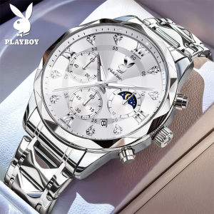 PLAYBOY 3088 New Mens Watch Waterproof Fashion Calendar Quartz Watch 100% Genuine Luminous Moon Phase Watch Stainless Steel Strap