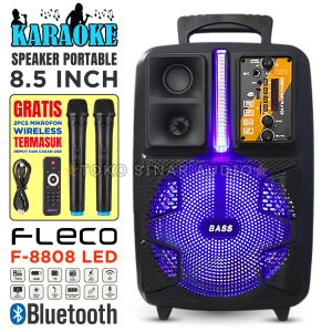 Speaker Bluetooth Karaoke Portable FLECO F-8808 LED + Free 2 Mic Wireless Ukuran 85inc Besar Dan Murah