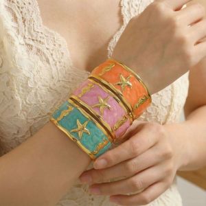 HOUCHU Metal Shell Starfish Seahorse Bracelet Enamel Design Oil Dripping Style Open Cuff Bangle New Exaggerated Design Stainless Steel Bracelet Beach Party