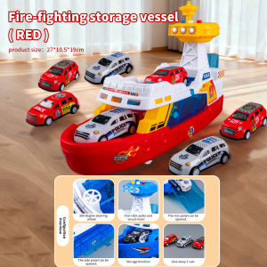 Childrens Large-Sized Adjustable Track Storage Ship Toy with Music Educational Multi-Functional Electric Fireboat & 3 Police Car Models