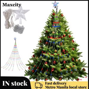 Decorative LED Waterfall Tree Lights with Star Topper for Seasonal Festive Decor Bright Multi-Color String Lights