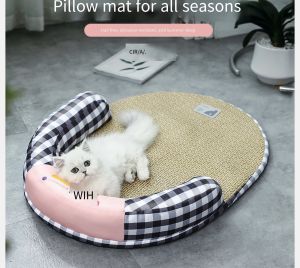 Cozy Plush Cat/Dog Bed Mat - Breathable Washable Pet Bed with Plush Pillow for All Seasons
