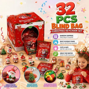 32PCS Christmas Blind Bag Keychain Charms Set Mystery PVC Pendant with Bead Chain for Kids Party