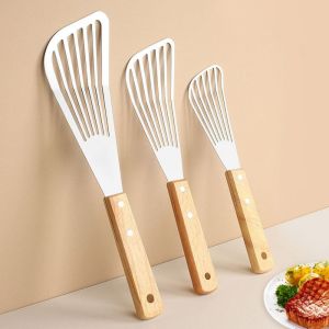 VGLPOP Wooden Handle Fish Frying Shovel Stainless Steel Fan-shaped Slotted Fish Turner Rustproof Nonstick Flipping Frying Spatulas Household