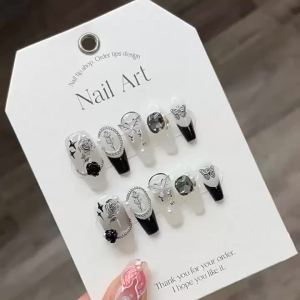 [HANDMADE]Artificial Nail Phototpy Nails Black Checkerboard Bowknot Diamond French Side Nail Finished Reusable and Detachable