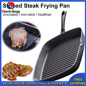 Vktech Rust-resistant Cast Iron Pan Non-coated Heavy Duty Frying Pan for Steak and Fish in Black Color