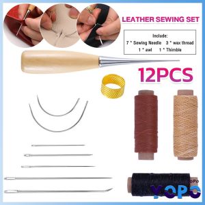 YoPo 12pcs Leather Sewing Kit Sewing needle/Wooden Handle Awl/30m Wax Thread