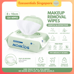 MONKIDS Makeup Removal Wipes 120 Sheets 8x10cm Hyaluronic Acid Aloe Vera Travel Wipes