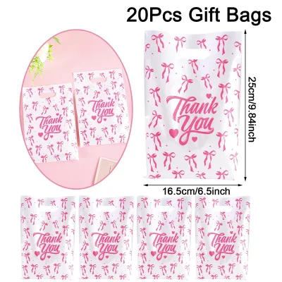 10/20/50pcs Cute Bow Loot Bags Pink Thankyou Treat Bags with Handles Princess Birthday Party Candy Goodie Bags Wedding Christening Giveaways Souvenirs