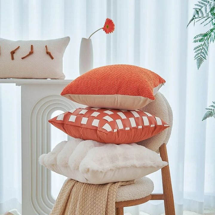 Nordic Orange Light Luxury Cushion Cover PU Leather Patchwork