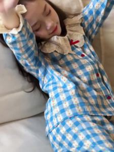 Spring Autumn Girls Cloud Cotton Pajama Set with Lace Trim Medium Large Kids Striped Plaid Homewear Casual Outfit2026