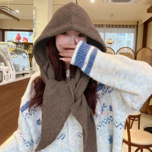 LUXELU Dày hơn Mũ len mùa đông Đan len Đồ bơi một mảnh Mũ khăn quàng cổ Phong cách Hàn Quốc Mũ có mũ Khăn bảo vệ cổ Thời tiết lạnh