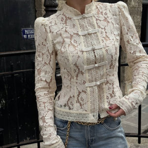 Tossy Fashion Hollow Out Lace Shirts Cardigan Womens Short Sleeve See-Through Patchwork Commute Top Female Summer Lace Blouses2026