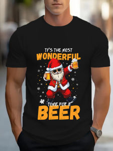 Mens Festive Santa Claus & Beer Time Graphic T-Shirt - Casual Black Round Neck Short Sleeve Tee with 3D Print Perfect for Christmas Parties & Summer Wear Christmas Shirts
