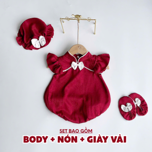 BD216 Body chíp lụa đỏ RIOKIDS thời trang quần áo đầy tháng cho bé gái sơ sinh Lễ Tết