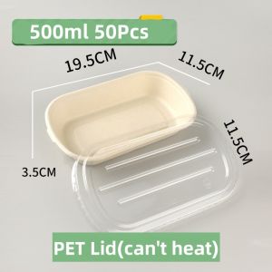50Pcs Oval Sugarcane Bagasse Boxes Eco-Friendly Food Container Microwavable W/ Paper lid or Plastic Lid