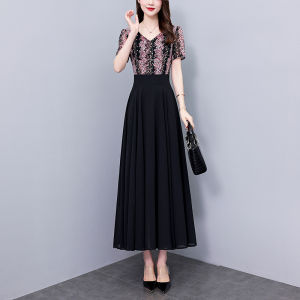 Impression Fashion Store Women Elegant Chiffon V-neck Short Sleeve Floral Stitching Plain Slim High Waist A-line Midi Pleated Dress Plus Size