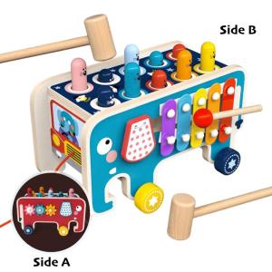 Kids Wooden Montessori Toy Multifunction Whack a Mole Activity Bus with Xylophone and Gear