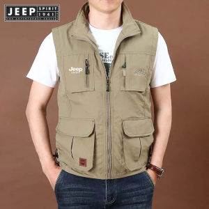 Jeep Spirit 1941 estd Mens Tank Top Sleeveless Jacket Summer Multi Pocket Tank Top Mens Designer Stand Neck Jacket Suitable for Outdoor Fishing