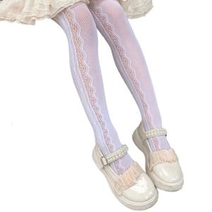 Girls Pantyhose Solid Color Lace Tights Fashionable Long Stockings with Love Heart Decors for Daily Party Performances
