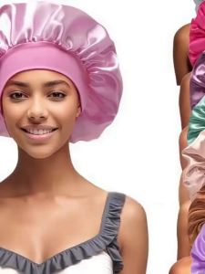 Silky Satin Bonnet Womens High Elastic Wide Band Beauty Hair Care Cap for Shower & Sleeping Comfortable Stylish Green Waterproof Thick Cover