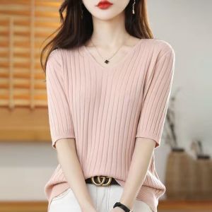 Áo blouse trắng tay ngắn kiểu dáng trang trọng dành cho nữ có nhiều kích cỡ chất liệu lụa lạnh dáng ôm cổ chữ V phong cách Hàn Quốc phù hợp mặc thường ngày đi làm áo thun trơn.