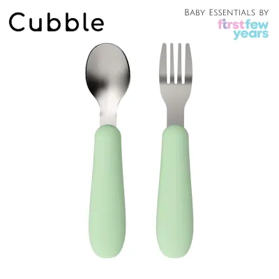 Cubble Silicone Stainless Steel Fork and Spoon Set (6 Colours) Toddler First Self Feeding