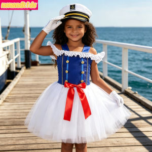11.11 Girls Blue White Sailor Marine Navy Sparkly Tutu Dress With Gloves Hat Holiday Party Role Play Stage Performance Uniform Outfit h2610