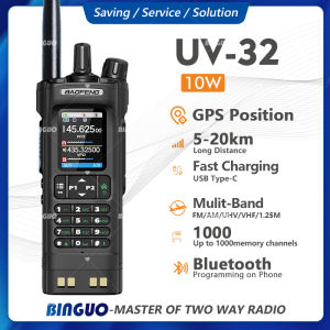 Walkie Talkie Baofeng UV-32 Air Band 10W GPS Amateur FM Two Way Radio Bluetooth APP Programming2.0" HD Screen 2500mah Type-C Charging Battery