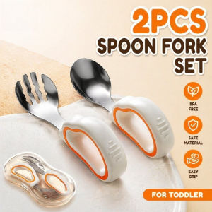 Baby Spoon Fork Set Stainless Steel Silicone Self Feeding Training Utensils Toddler Weaning