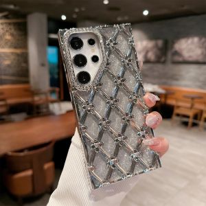 Trendy Luxury Rhombus Glitter Diamond Frame Case For Samsung Galaxy S26 Ultra S25 S24 Plus S23 Plating Soft Anti-drop Cover