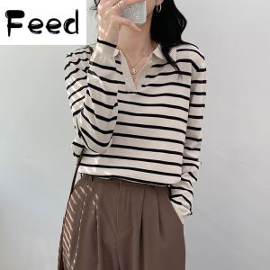 เสื้อสเวตเตอร์ถักคอวีสำหรับผู้หญิงเสื้อยืดแขนยาว MODE Korea 2023ฤดูใบไม้ร่วง