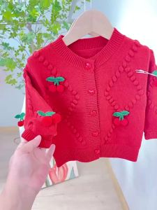 Girls Knitted Cardigan Autumn Wear 2026 New Stylish Korean Version Baby Knitted Sweater Childrens Cherry Sweater Coat