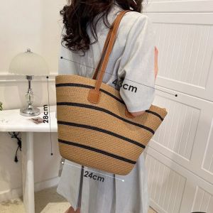 LL New Style Summer Striped Woven Bag Women All-Match Shoulder Bag Fresh Portable Tote Beg Percutian 欧美风草编包沙滩条纹手提包