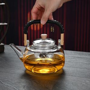 Ấm Bình Thủy Tinh Pha Trà Có Lõi Lọc Dung Tích 1000 ml (Tay Cầm Bọc Da)