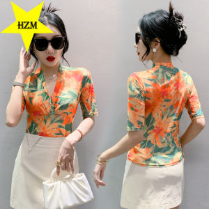 HZM Stylish and Slim V-neck Mesh 2023 Womens T-shirt with Stylish Design New Slim Fit Small Print Short Sleeve Top