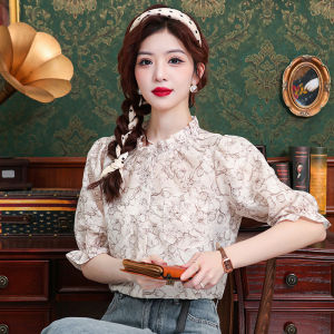 AMMIN เสื้อคอตั้งผ้าชีฟอง Sablon Bunga เปื้อนลายหวานสำหรับผู้หญิงเสื้อเบลาส์หรูหราแขนพองแฟชั่นแขนสั้นสำหรับฤดูร้อน2024