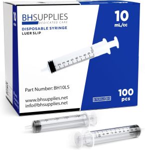 BH Supplies 10ml Luer Slip Tip Syringes (No Needle) - Sterile Individually Wrapped - 100 Syringes