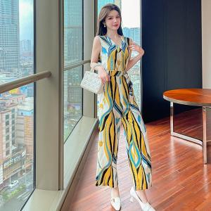 Impression Fashion Women Elegant Korean Chiffon Floral V-neck Sleeveless High Waist Wide-leg Jumpsuit