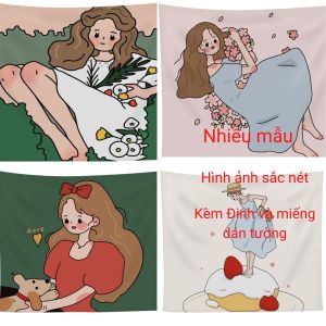 Tranh vải treo tường hình cô gái trang trí phòng ngủ phòng học khăn trải chụp hình thảm treo tường decor 3D size 100x70cm tặng kèm móc treo và đinh đóng tường