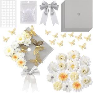 MotiMind 41 Pcs Silver Gray DIY Graduation Cap Decoration Kit Grad Cap Decorations Grad Hat Topper Faux Assorted Flowers Bows 3D Cream Construction Paper Butterfly Stickers Pearl Adhesive Dots
