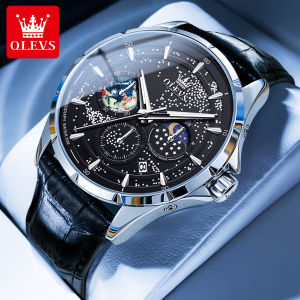 OLEVS Starlight Watch for Men 100% Original Waterproof Trendy Big Dial Chronograph Luminous Leather Strap with Box